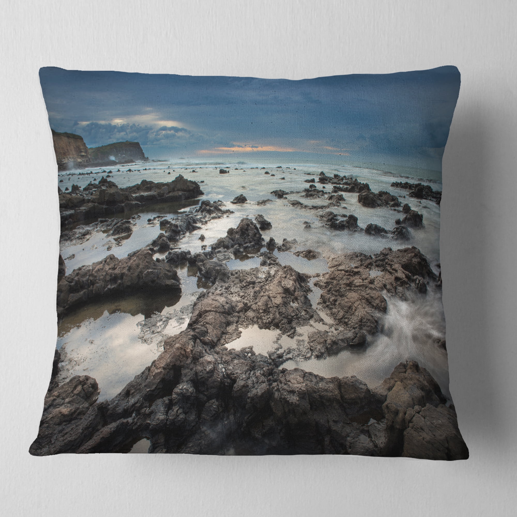 Designart Rocky Seashore with Blue Sky Over - Seashore Throw Pillow - 16x16