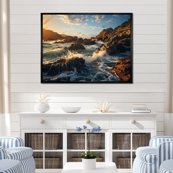 Designart "Rocky Shoreline Rocky Beach painting" Nautical & Beach Floater Framed Wall Decor