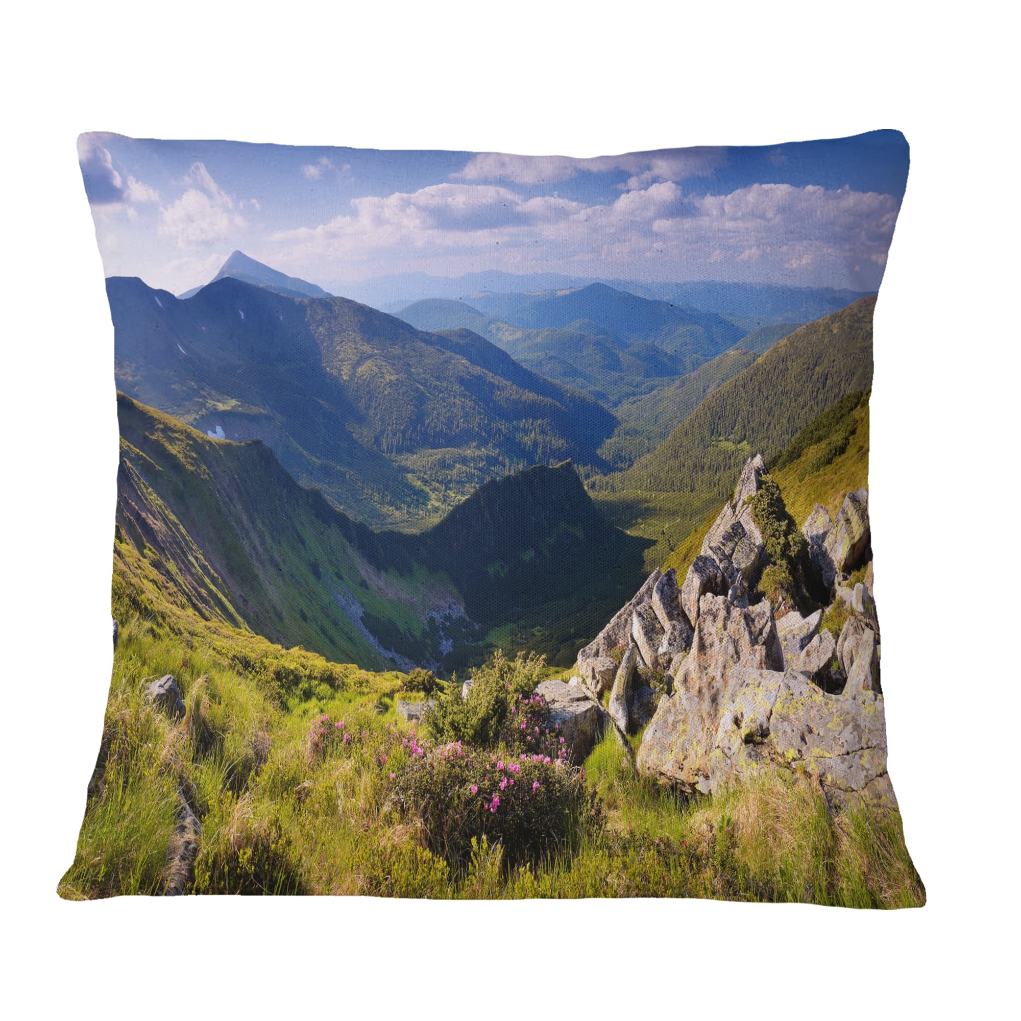 Designart Rocky Summer Hills under Blue Sky - Landscape Printed Throw Pillow - 16x16