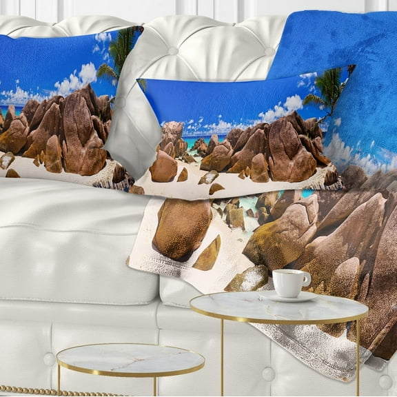 Designart Rocky Tropical Beach Panorama - Landscape Photography Throw Pillow - 12x20