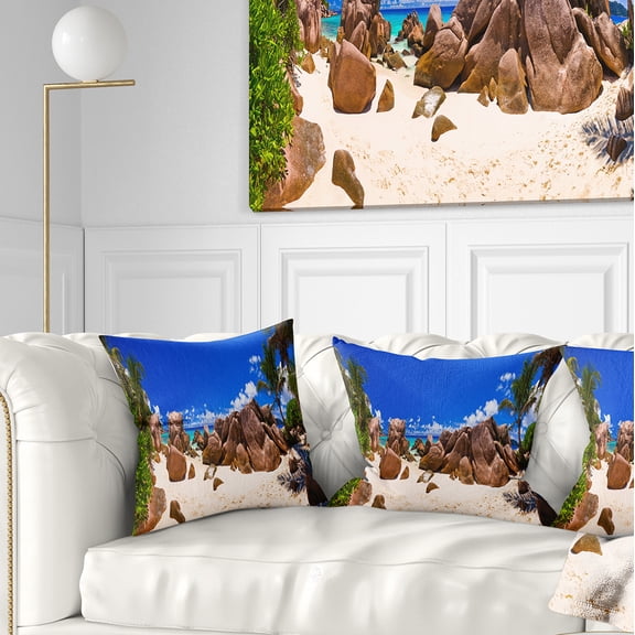 Designart Rocky Tropical Beach Panorama - Landscape Photography Throw Pillow - 18x18