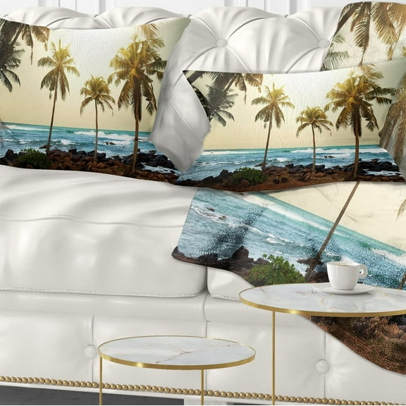 Designart Rocky Tropical Beach with Palms - Seashore Throw Pillow - 12x20