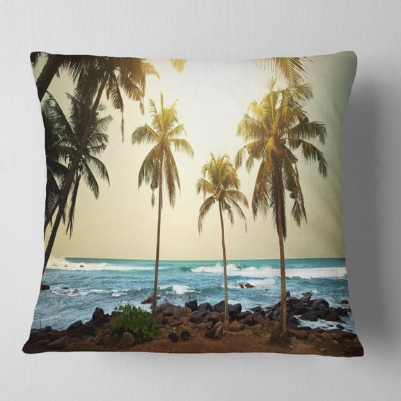 Designart Rocky Tropical Beach with Palms - Seashore Throw Pillow - 16x16