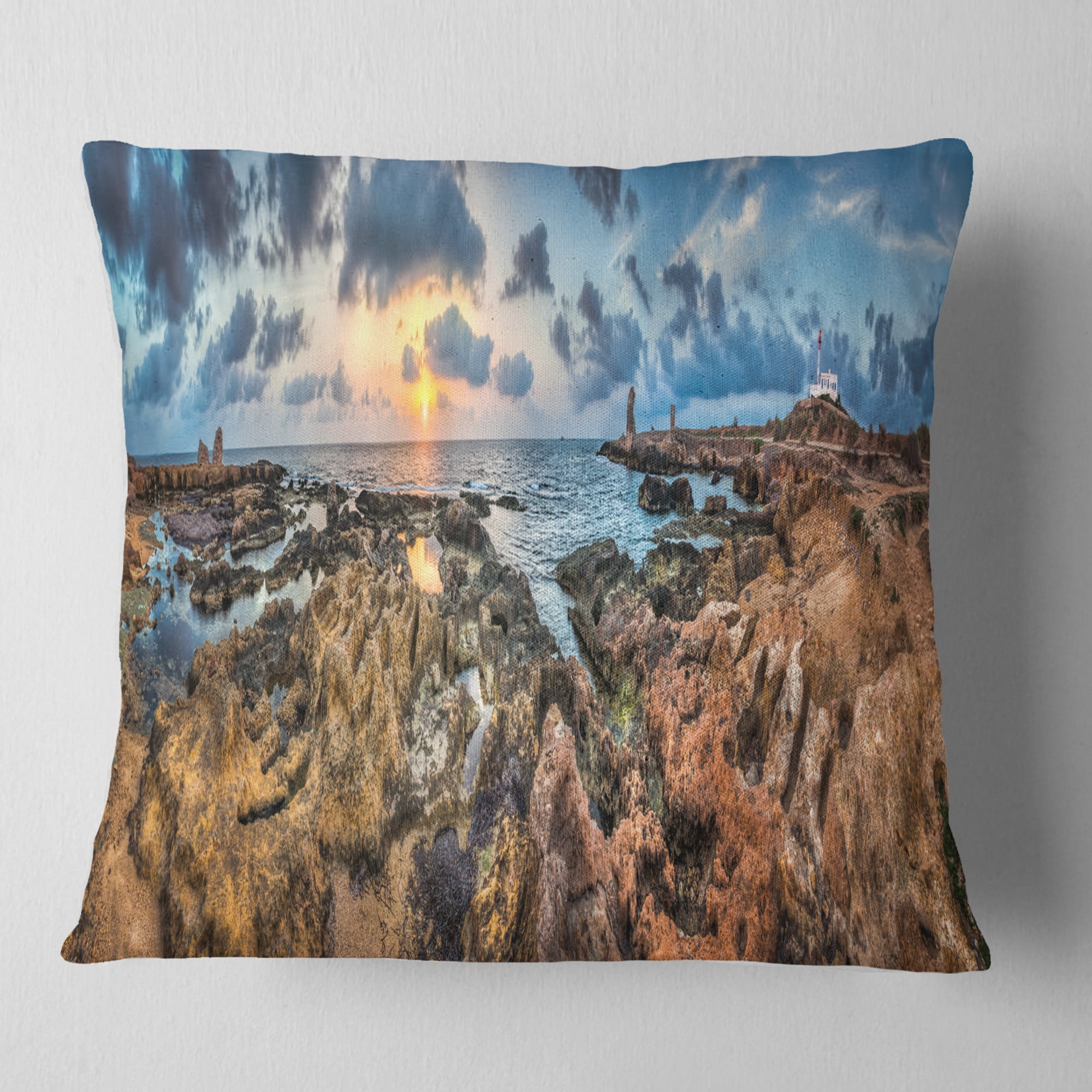 Designart Rocky with Historic Ruins Evening - Landscape Printed Throw Pillow - 16x16