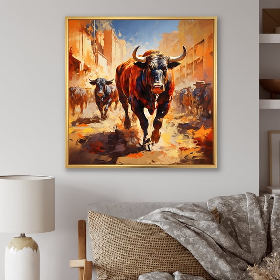 Designart "Rodeo Buffalo in Spain" Beach Framed Wall Art - Brown Beach People Entryway Framed Wall Art