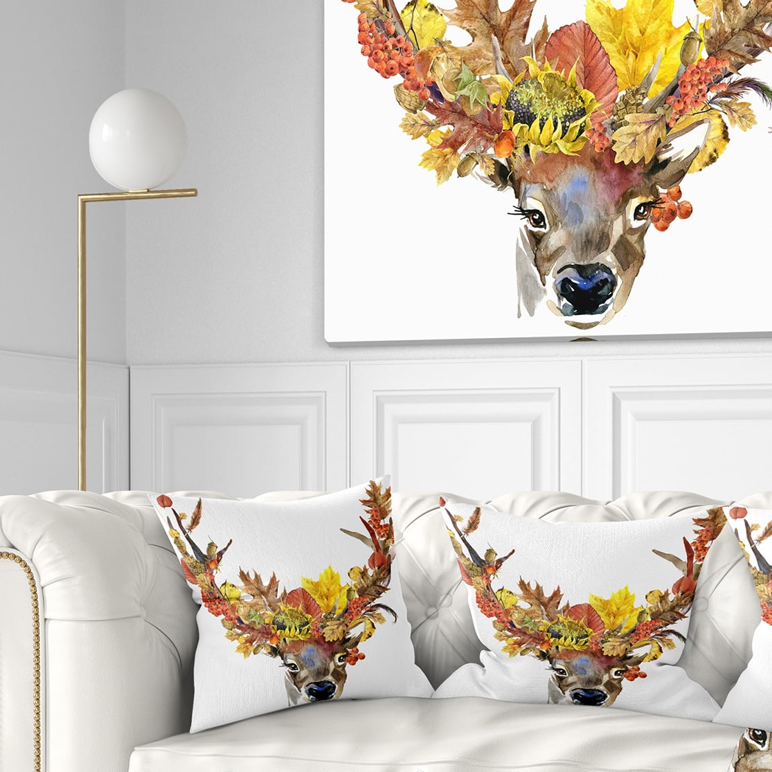Designart Roe Deer with Flowers - Floral Throw Pillow - 18x18