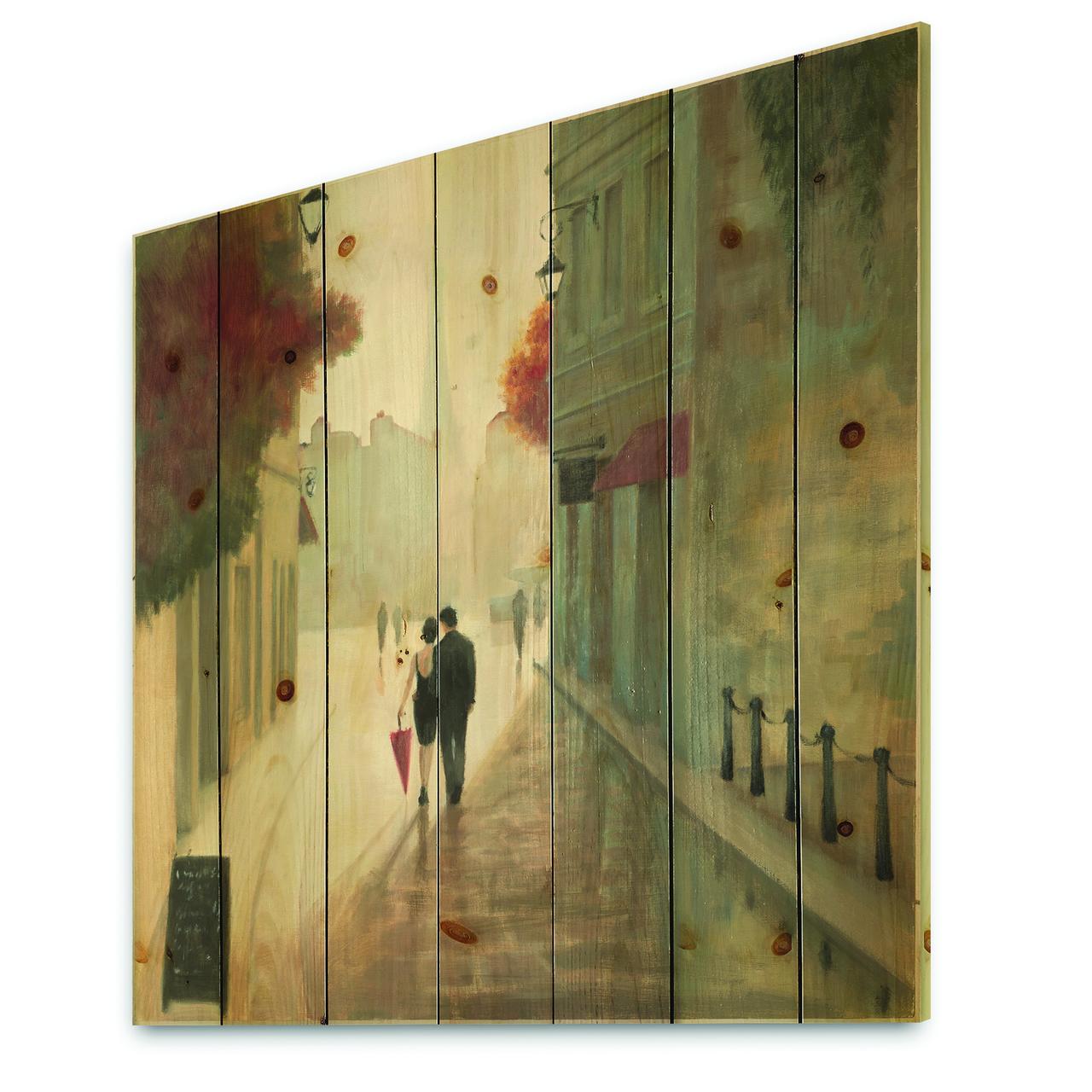 Designart 'Romance Couples in Paris II' Romantic French Country Print on Natural Pine Wood