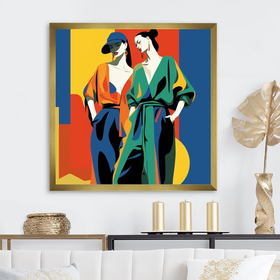 Designart "Romance of Mexican Women in Orange and Green III" Fashion Framed Wall Art Decor - Glam Orange Woman Mexican Bedroom Framed Canvas Wall Art