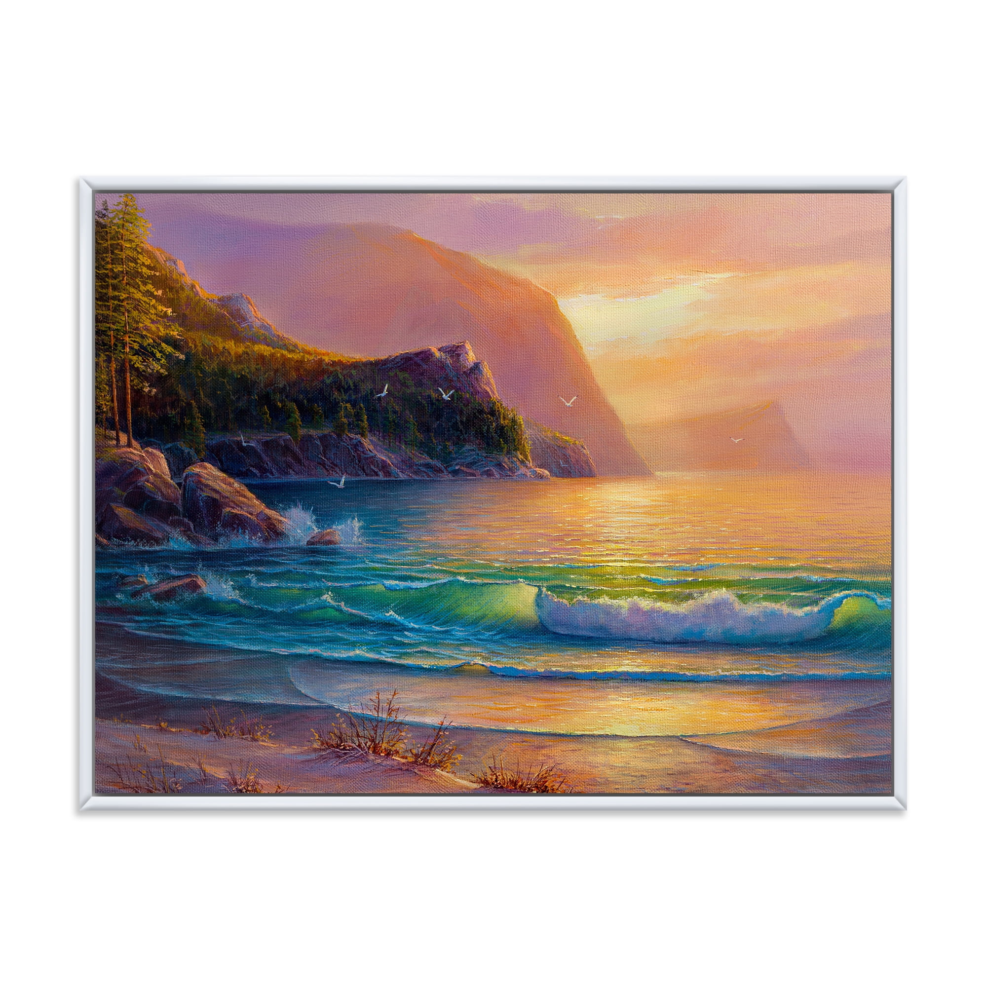 Designart 'Romantic Beach During Warm Evening' Nautical & Coastal Framed Canvas Wall Art Print