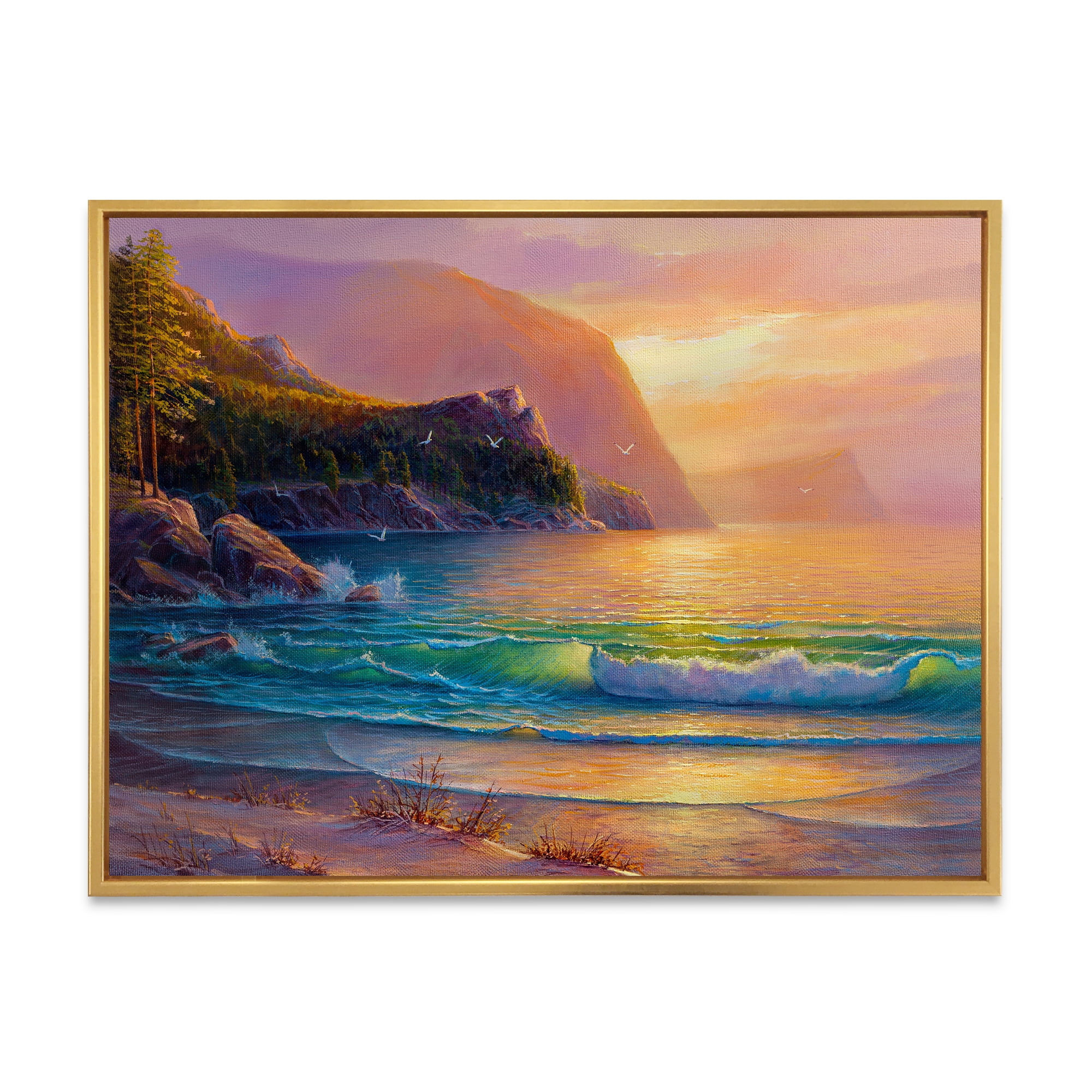 Designart 'Romantic Beach During Warm Evening' Nautical & Coastal Framed Canvas Wall Art Print