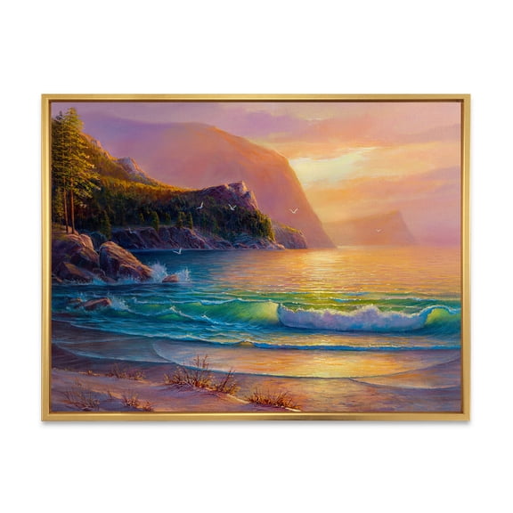 Designart 'Romantic Beach During Warm Evening' Nautical & Coastal Framed Canvas Wall Art Print