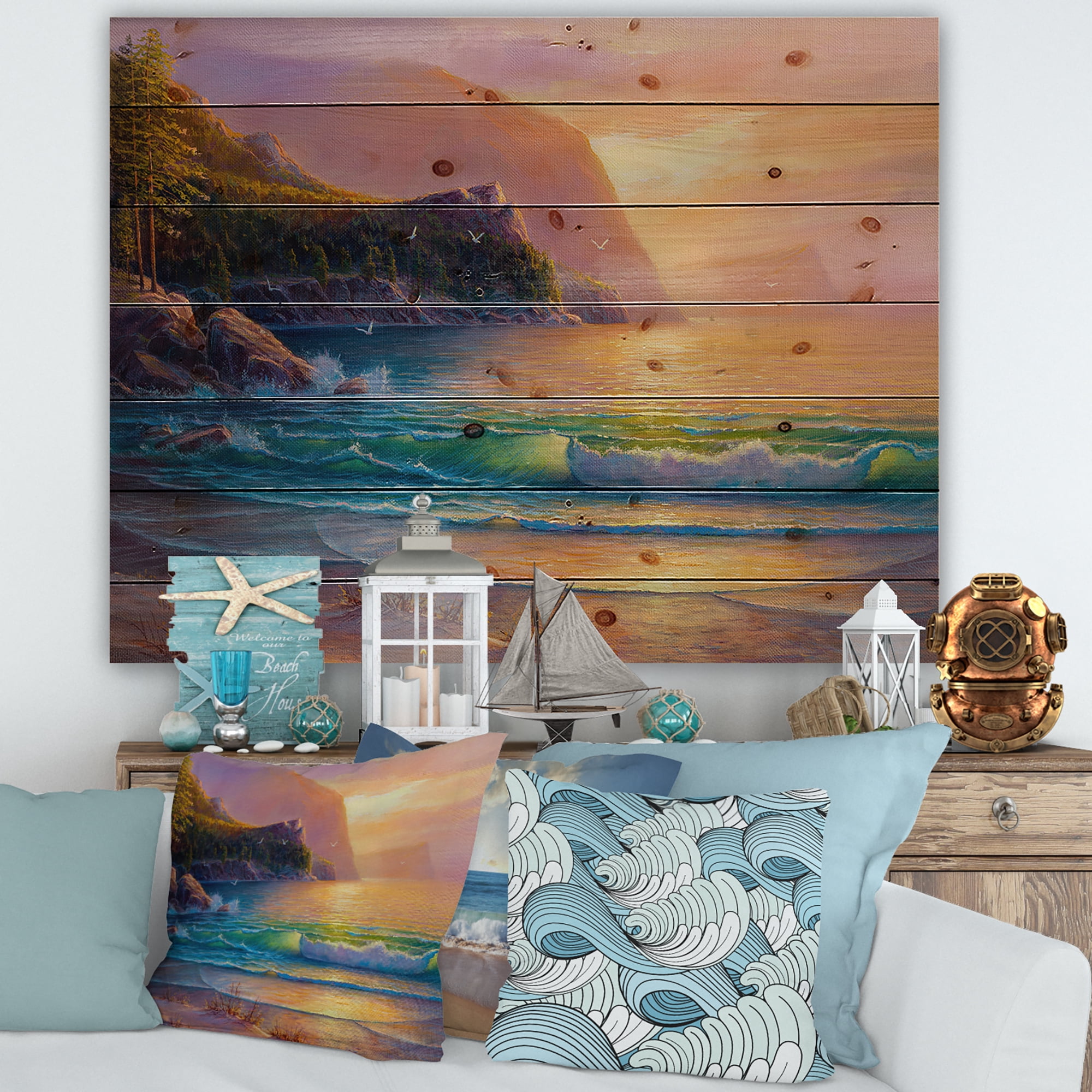 Designart 'Romantic Beach During Warm Evening' Nautical & Coastal Print on Natural Pine Wood