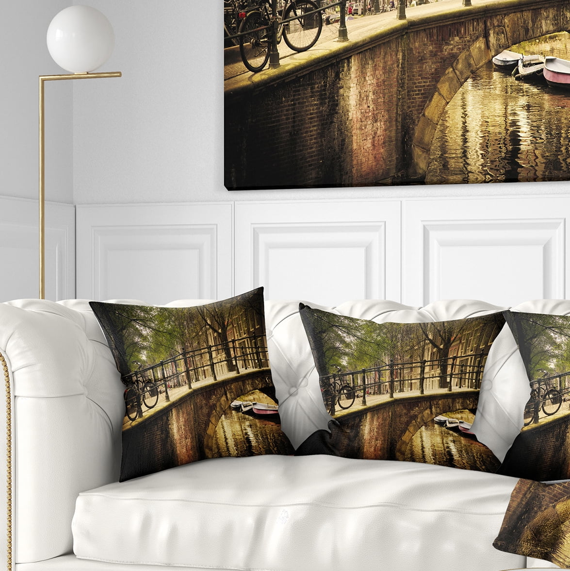 Designart Romantic Bridge Over Canal - Landscape Photography Throw Pillow - 18x18
