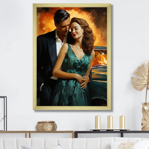 Designart "Romantic Broadway Couple Rendezvous" People Framed Wall Art - Glam Black Couple Living Room Framed Canvas Art