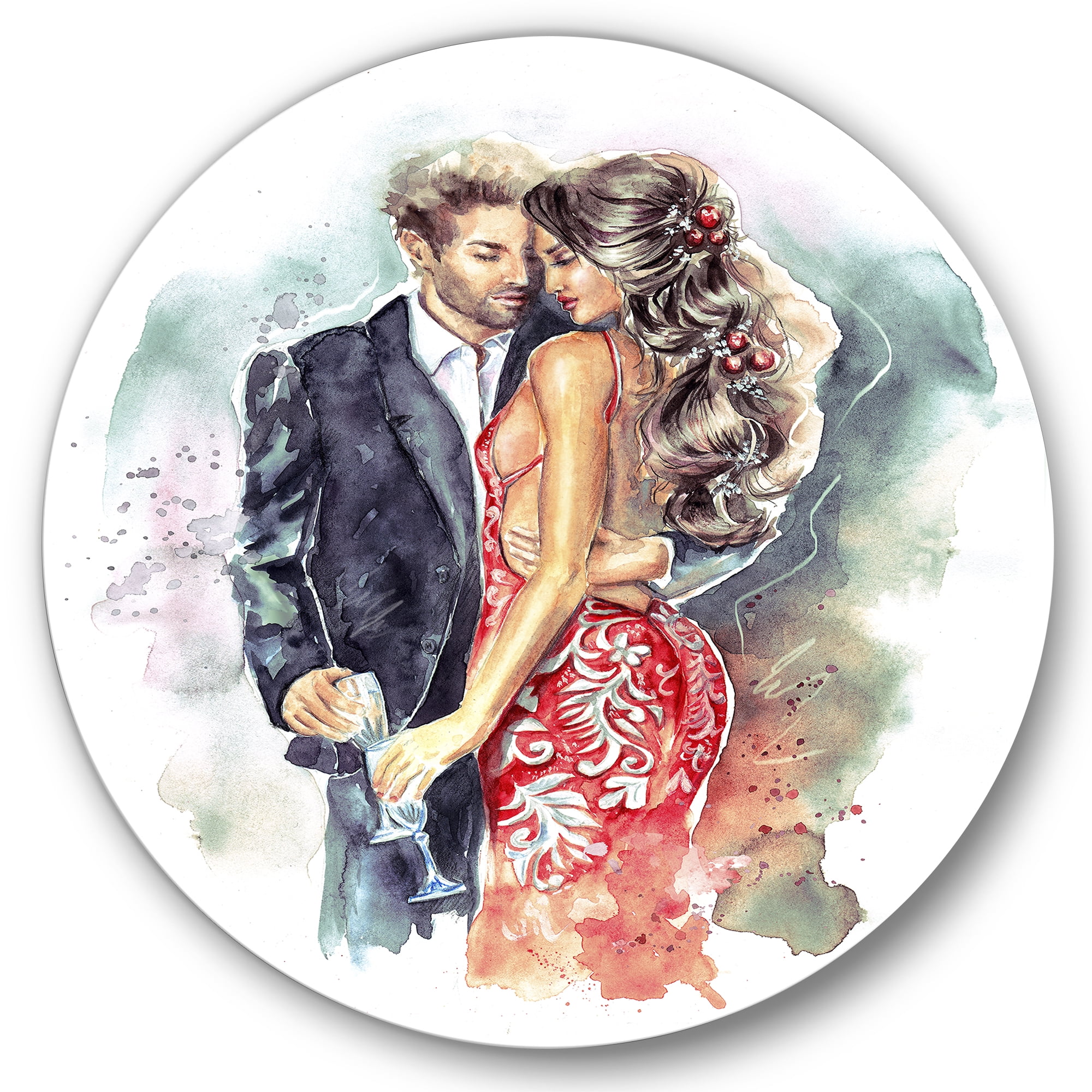 Designart 'Romantic Couple Ith Champagne Glasses At New Year Party' Traditional Circle Metal Wall Art 29x29 - Disc of 29