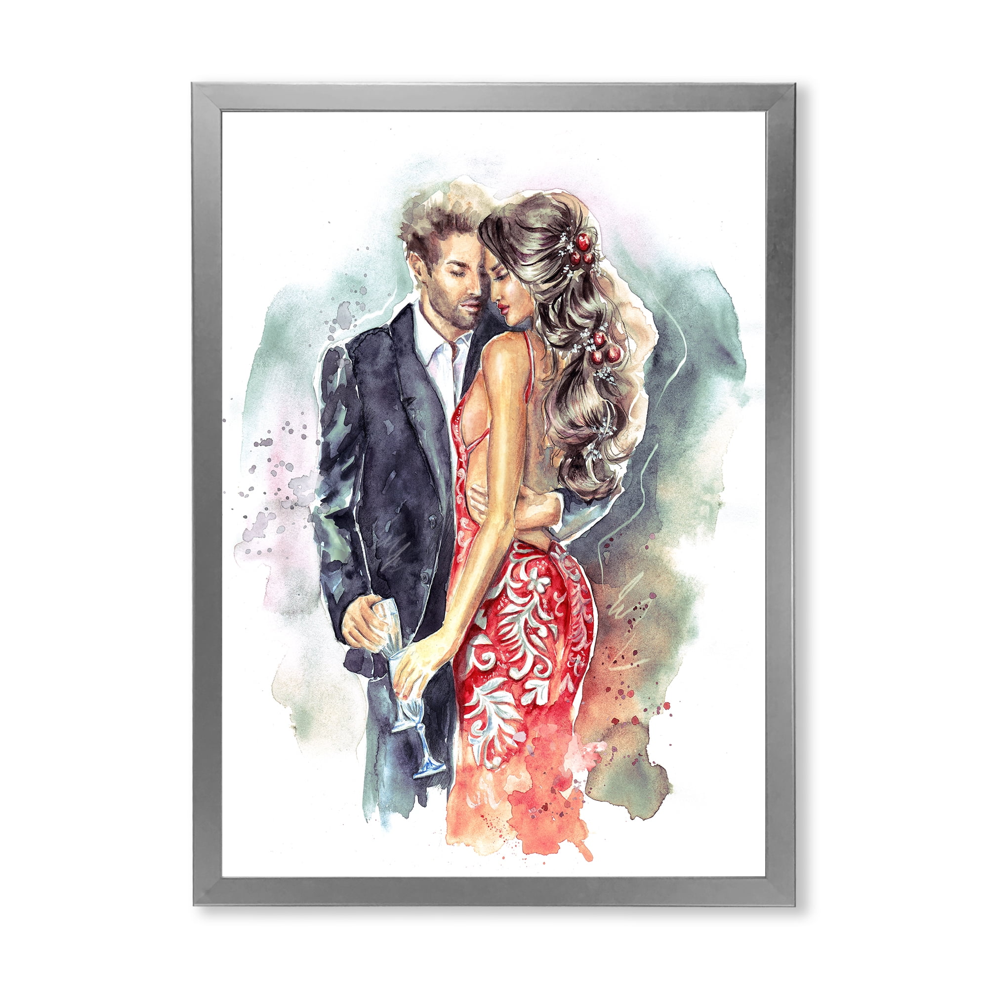 Designart 'Romantic Couple Ith Champagne Glasses At New Year Party' Traditional Framed Art Print