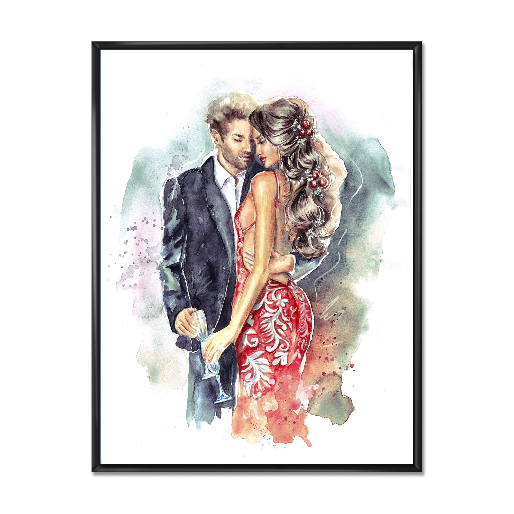 Designart 'Romantic Couple Ith Champagne Glasses At New Year Party' Traditional Framed Canvas Wall Art Print