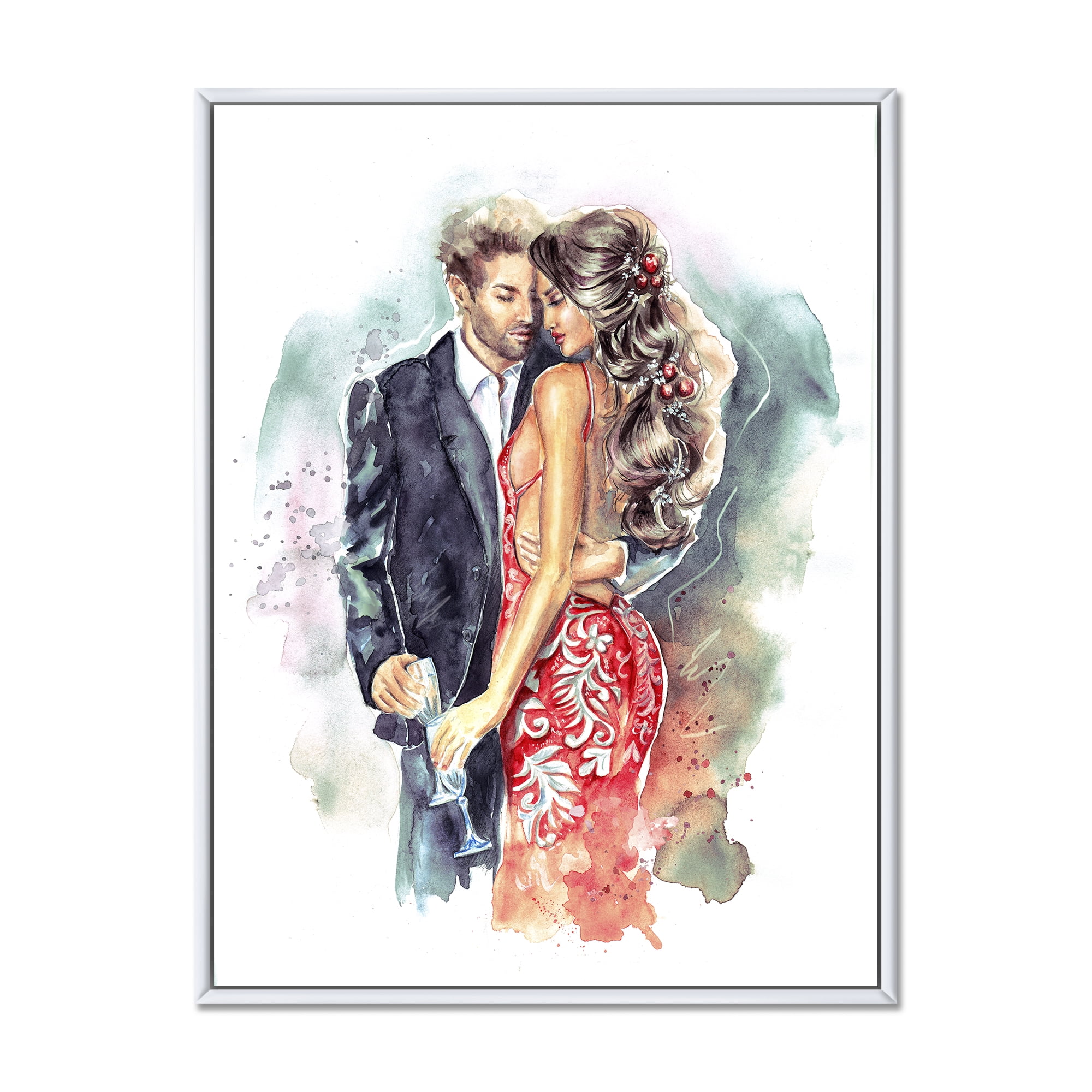 Designart 'Romantic Couple Ith Champagne Glasses At New Year Party' Traditional Framed Canvas Wall Art Print