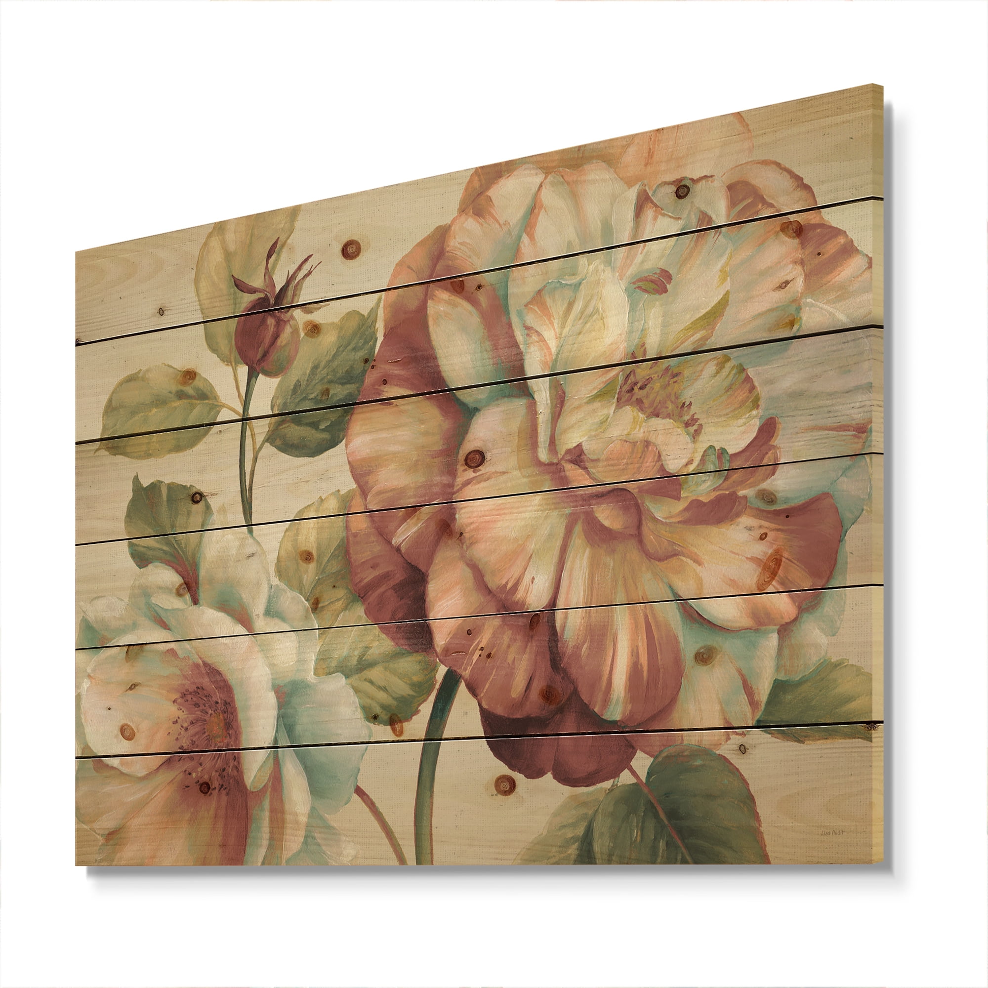 Designart 'Romantic Dark Rose Blossing Flowers' Floral Print on Natural Pine Wood
