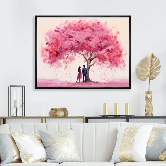 Designart "Romantic Encounter under a Pink Tree II" Fashion Framed Wall Art - Glam Pink Woman Romantic Entryway Framed Wall Art Print