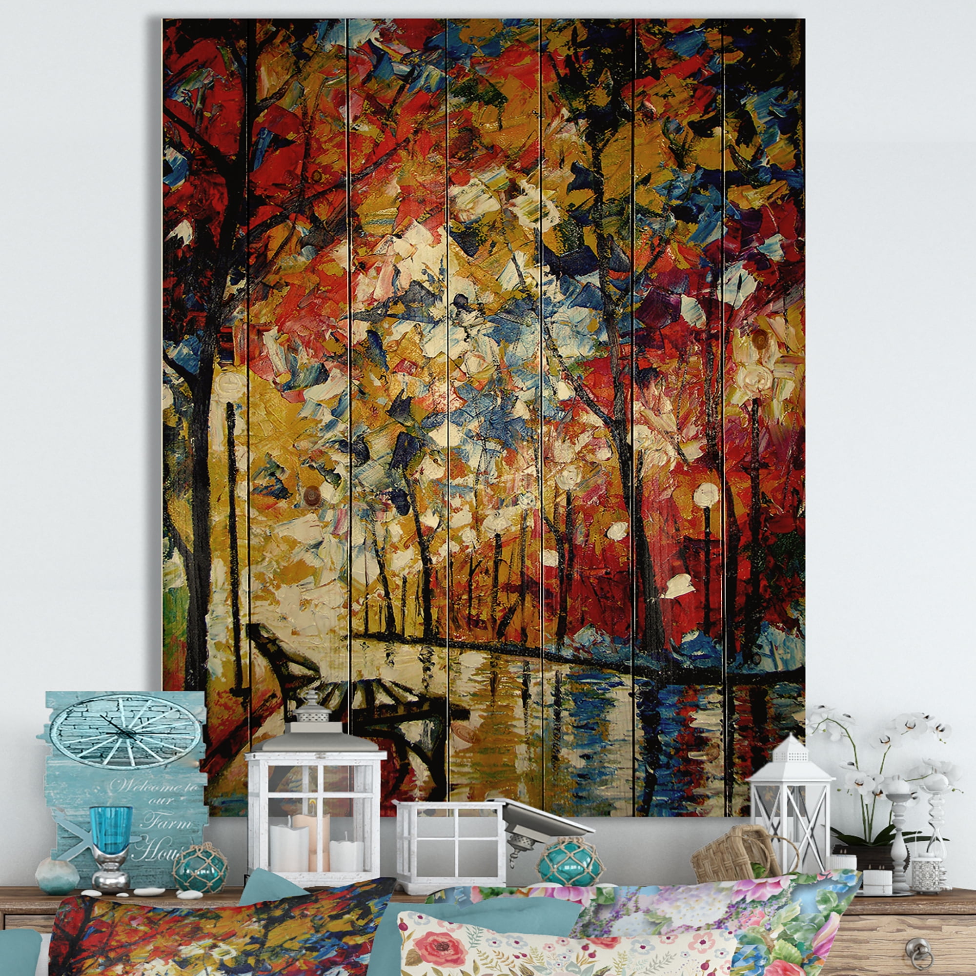 Designart 'Romantic Evening Glow Through Trees in Park III' Traditional Print on Natural Pine Wood