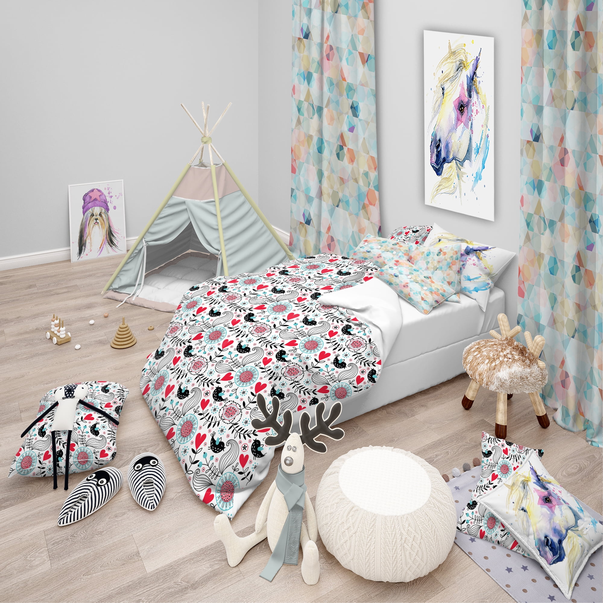 Designart 'Romantic Floral Pattern' Modern Kids Duvet Cover Set