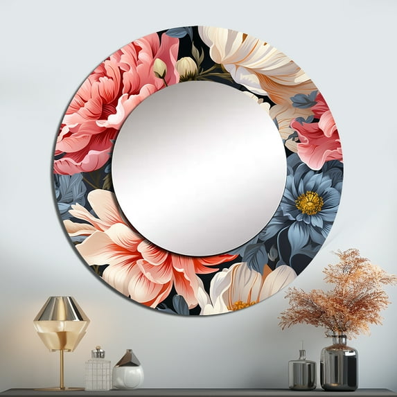 Designart "Romantic French Floral Design II" Floral Rund Mirror For Wall Decor - Large Pink Round Print Mirror - Round Cottage Mirror - Wall Mounted Round Large Mirror - 29" x 29"