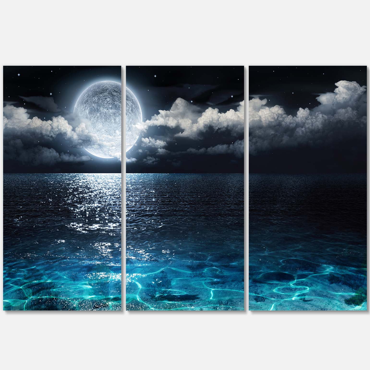 Designart 'Romantic Full Moon Over Sea ' Seascape Canvas Art Print