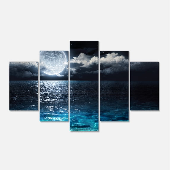Designart 'Romantic Full Moon Over Sea ' Seascape Canvas Art Print