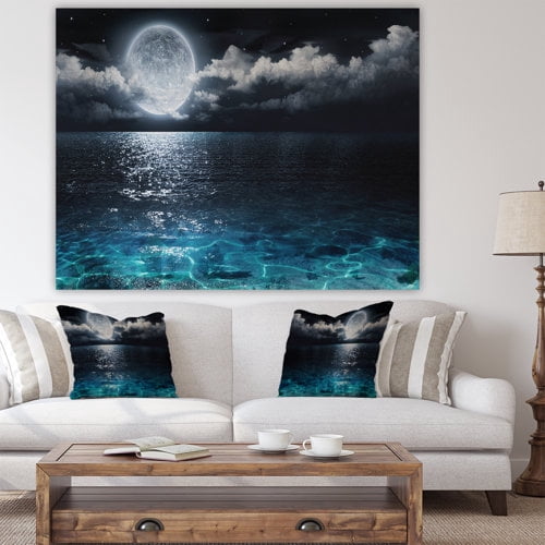 Designart 'Romantic Full Moon Over Sea ' Seascape Canvas Art Print