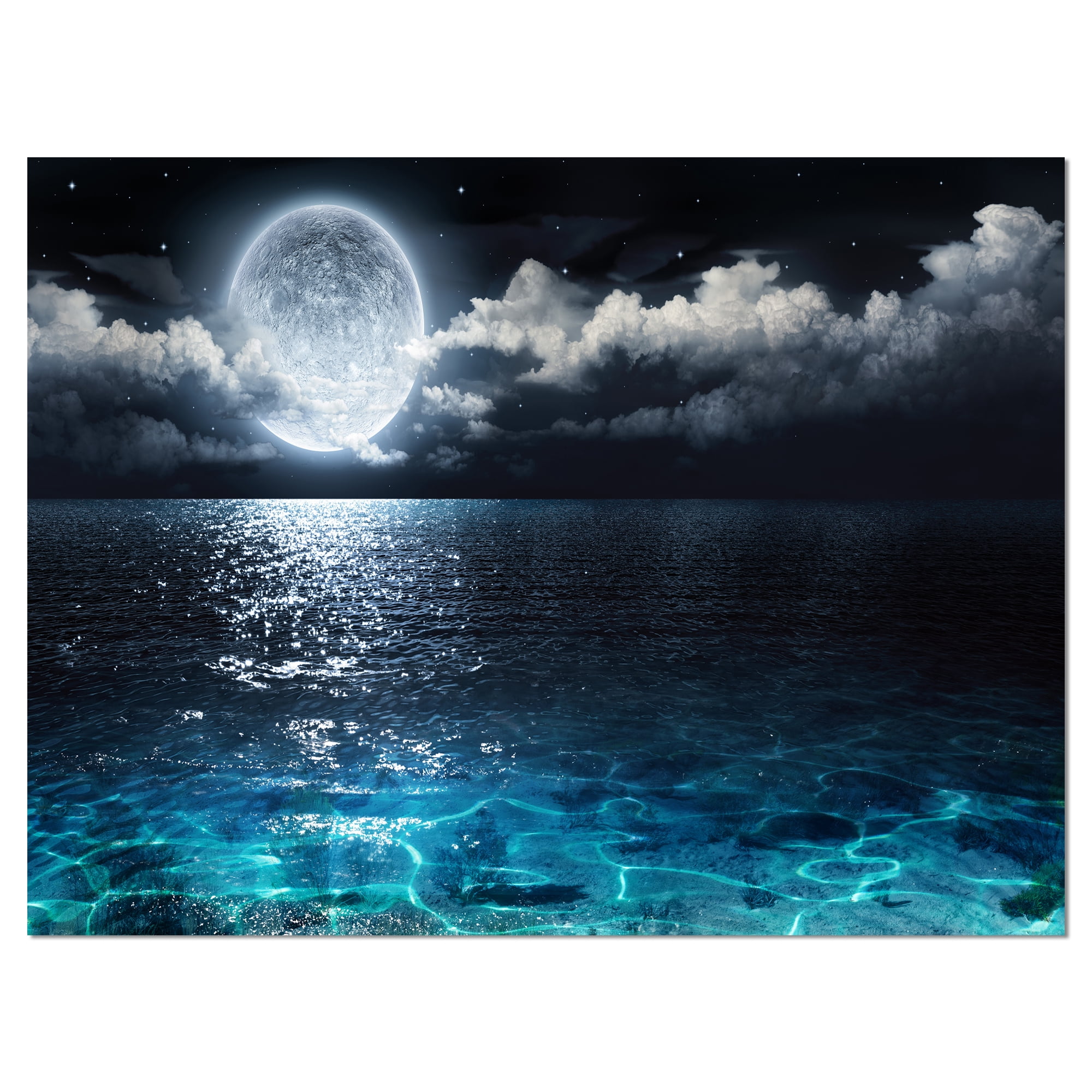 Designart 'Romantic Full Moon Over Sea ' Seascape Canvas Art Print