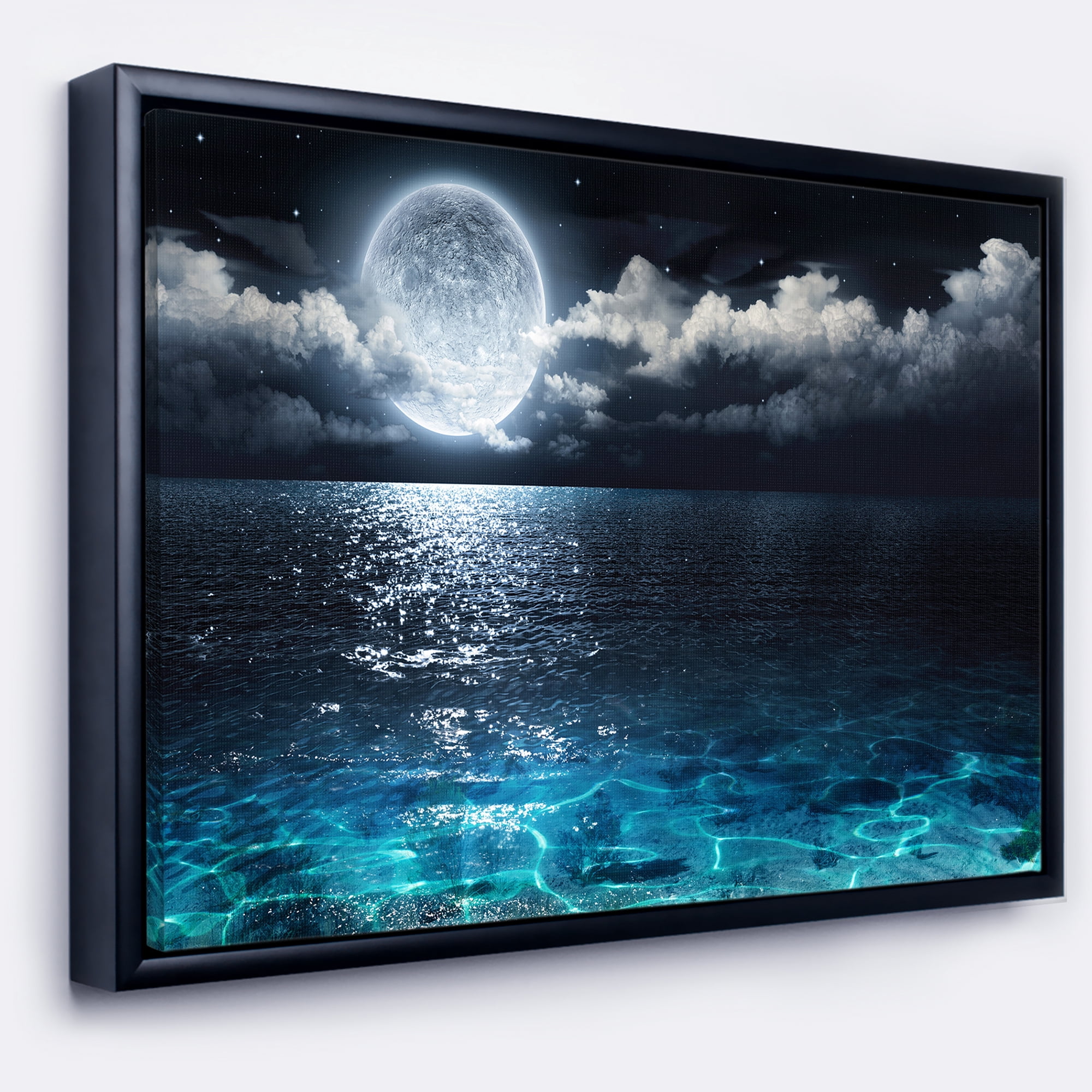 Designart ' Romantic Full Moon Over Sea ' Seascape Framed Canvas Art Print