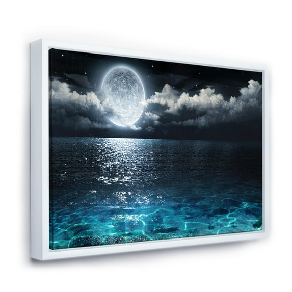 Designart ' Romantic Full Moon Over Sea ' Seascape Framed Canvas Art Print