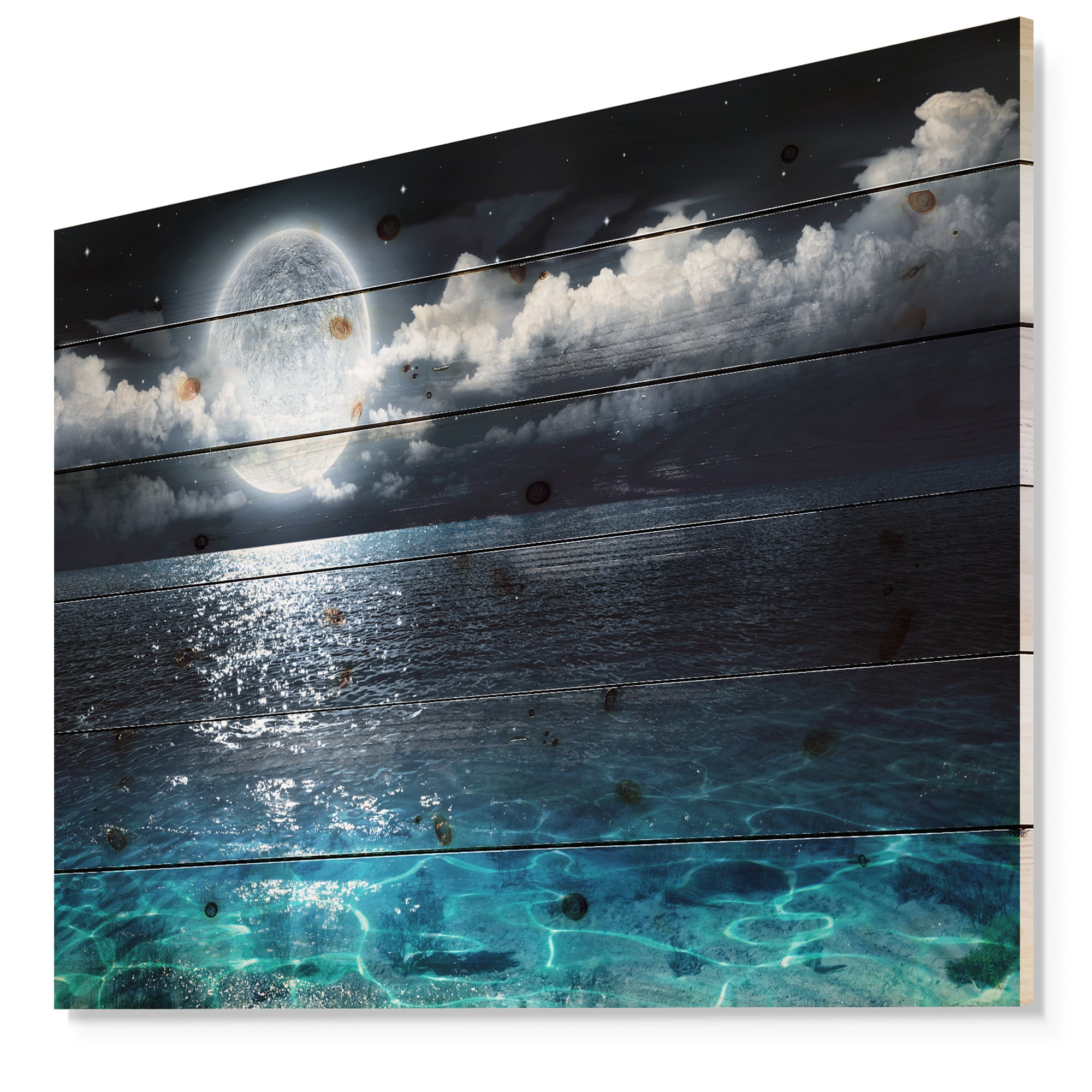 Designart 'Romantic Full Moon Over Sea' Seascape Print on Natural Pine Wood