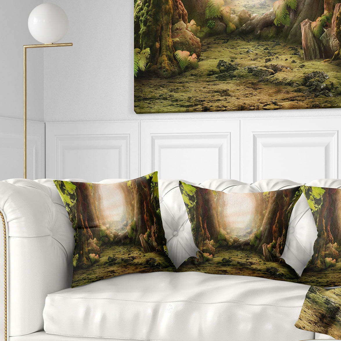 Designart Romantic Green Forest View - Landscape Photo Throw Pillow - 18x18