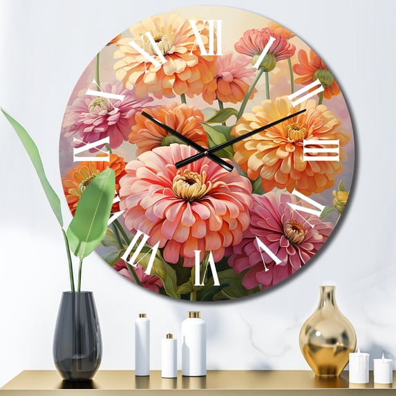 Designart "Romantic Impression of Light-Colored Zinnias I" Floral Oversized Wall Clock