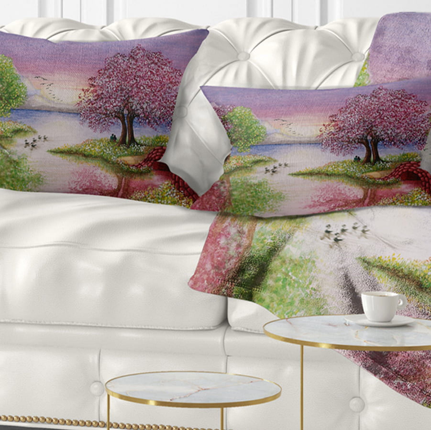Designart Romantic Lake in Pink and Green - Landscape Printed Throw Pillow - 12x20