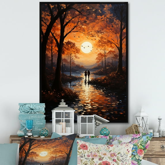 Designart "Romantic Landscape Sunset Charm I" Romantic Landscape Floater Framed Wall Art Living Room