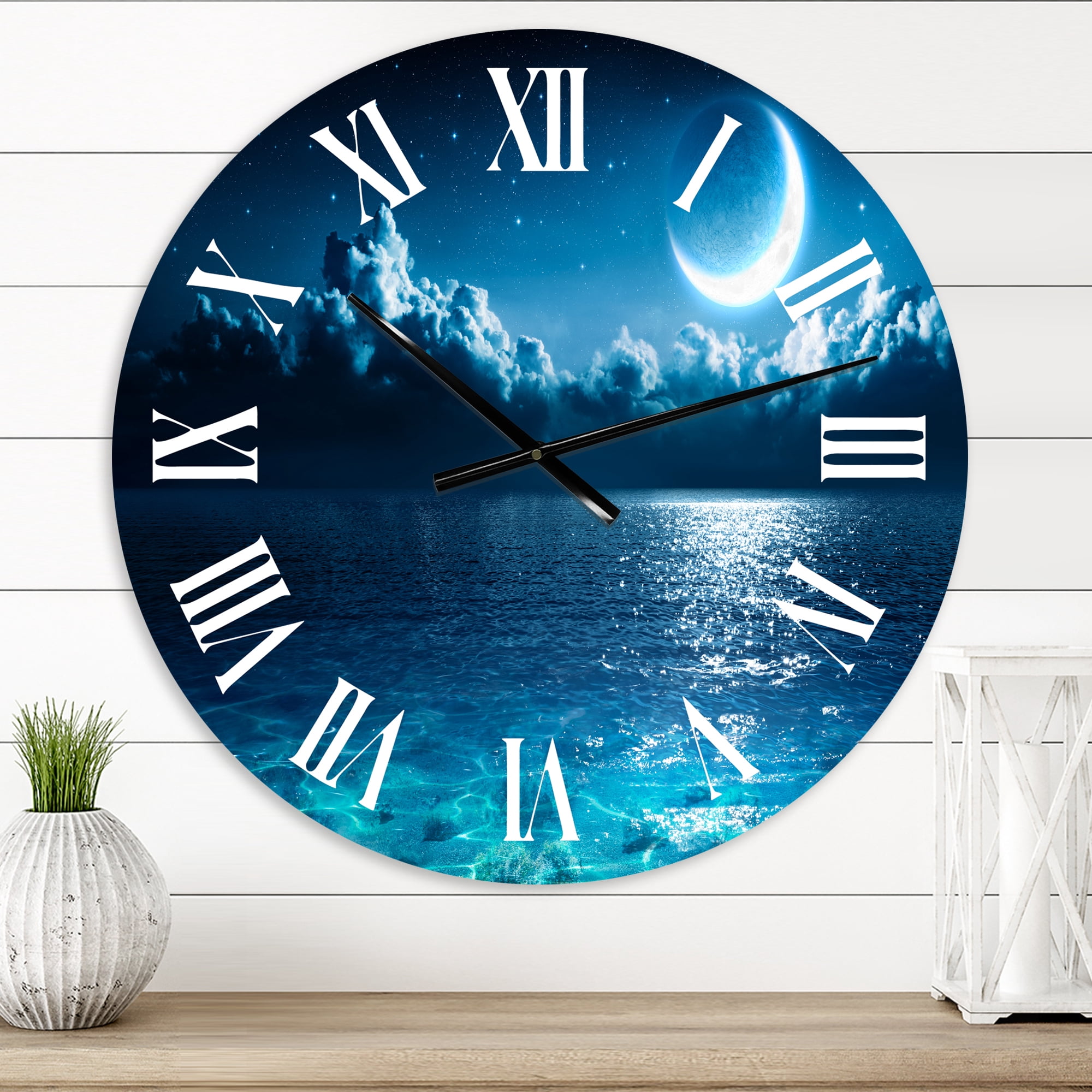 Designart 'Romantic Moon Over Deep Blue Sea I' Nautical & Coastal Wall Clock