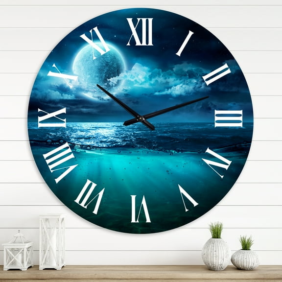 Designart 'Romantic Moon Over Deep Blue Sea Ii' Nautical & Coastal Wall Clock