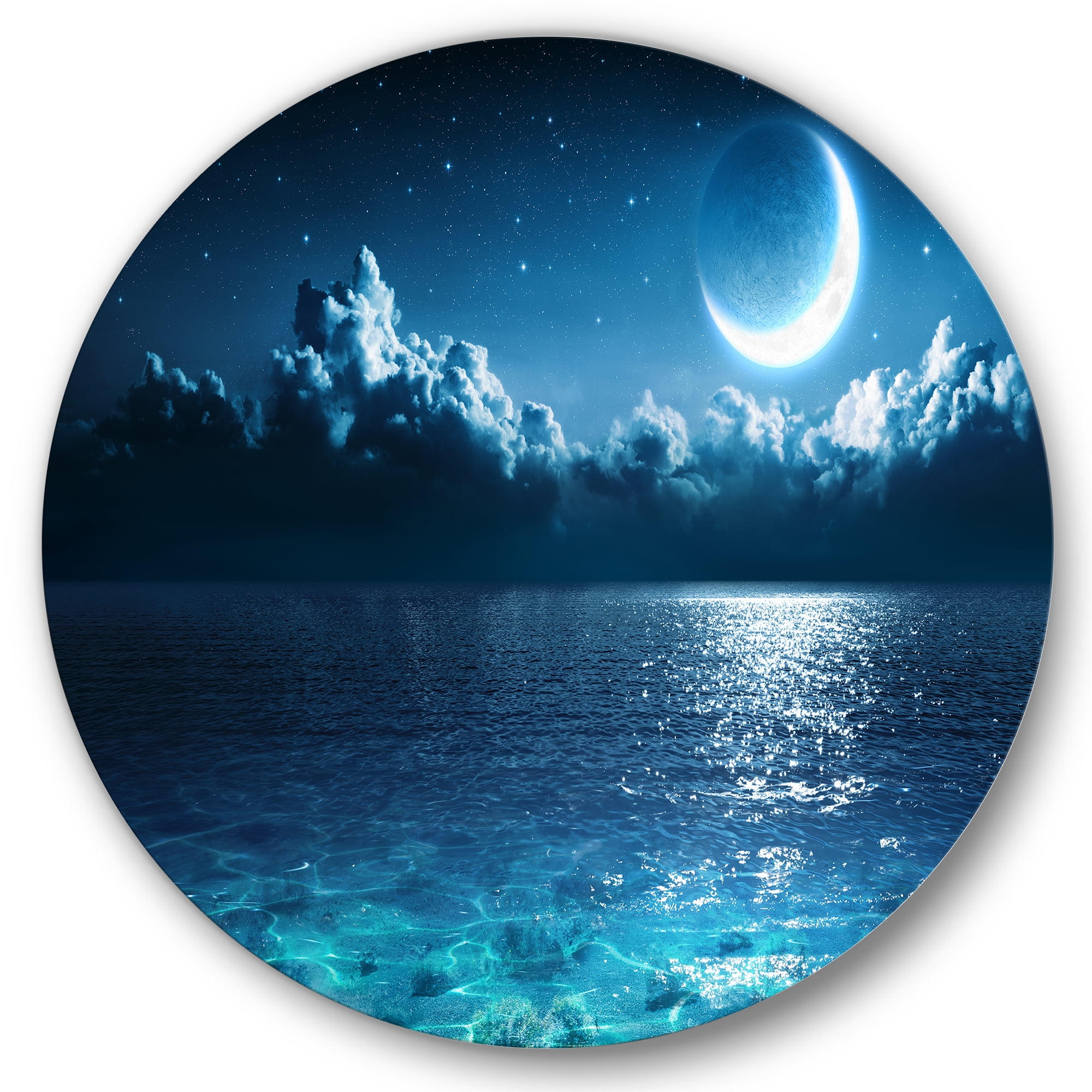 Designart 'Romantic Moon and Clouds Over Deep Blue Sea I' Nautical & Coastal Circle Metal Wall Art 11x11 - Disc of 11