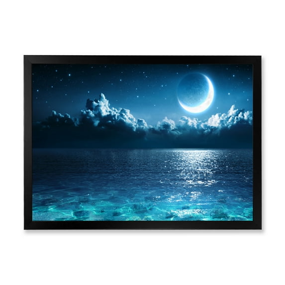 Designart 'Romantic Moon and Clouds Over Deep Blue Sea I' Nautical & Coastal Framed Art Print