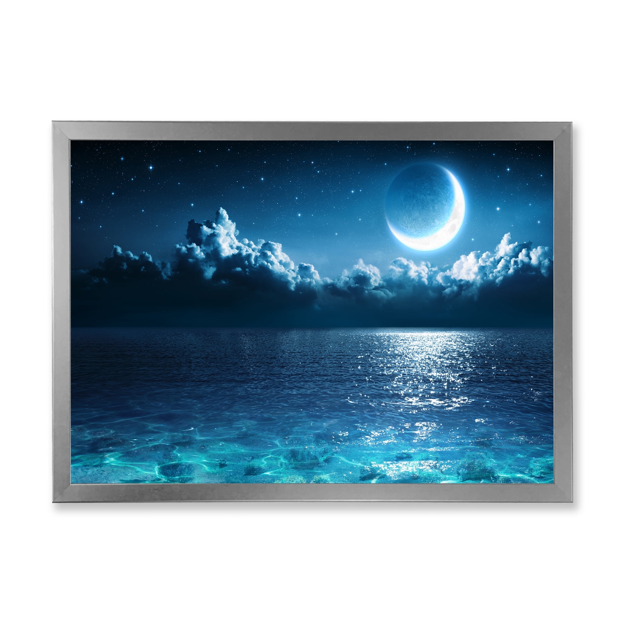 Designart 'Romantic Moon and Clouds Over Deep Blue Sea I' Nautical & Coastal Framed Art Print