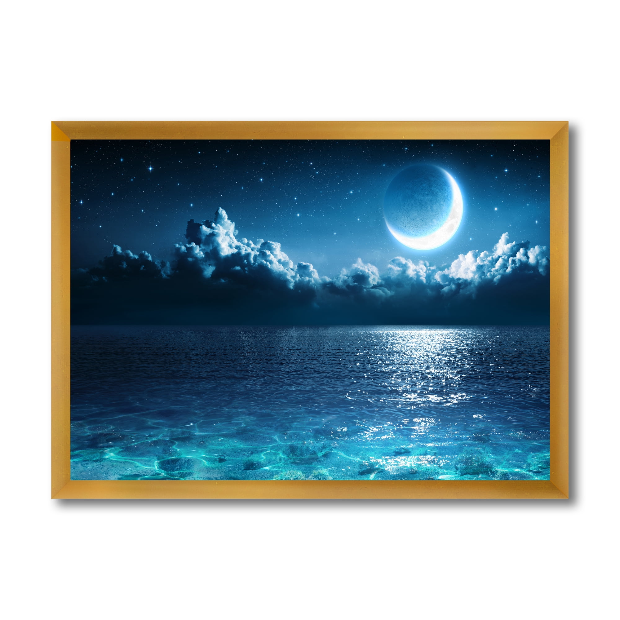 Designart 'Romantic Moon and Clouds Over Deep Blue Sea I' Nautical & Coastal Framed Art Print