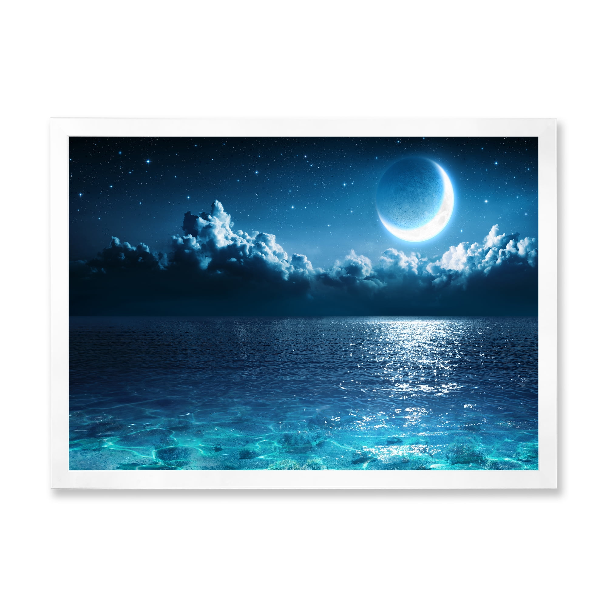 Designart 'Romantic Moon and Clouds Over Deep Blue Sea I' Nautical & Coastal Framed Art Print