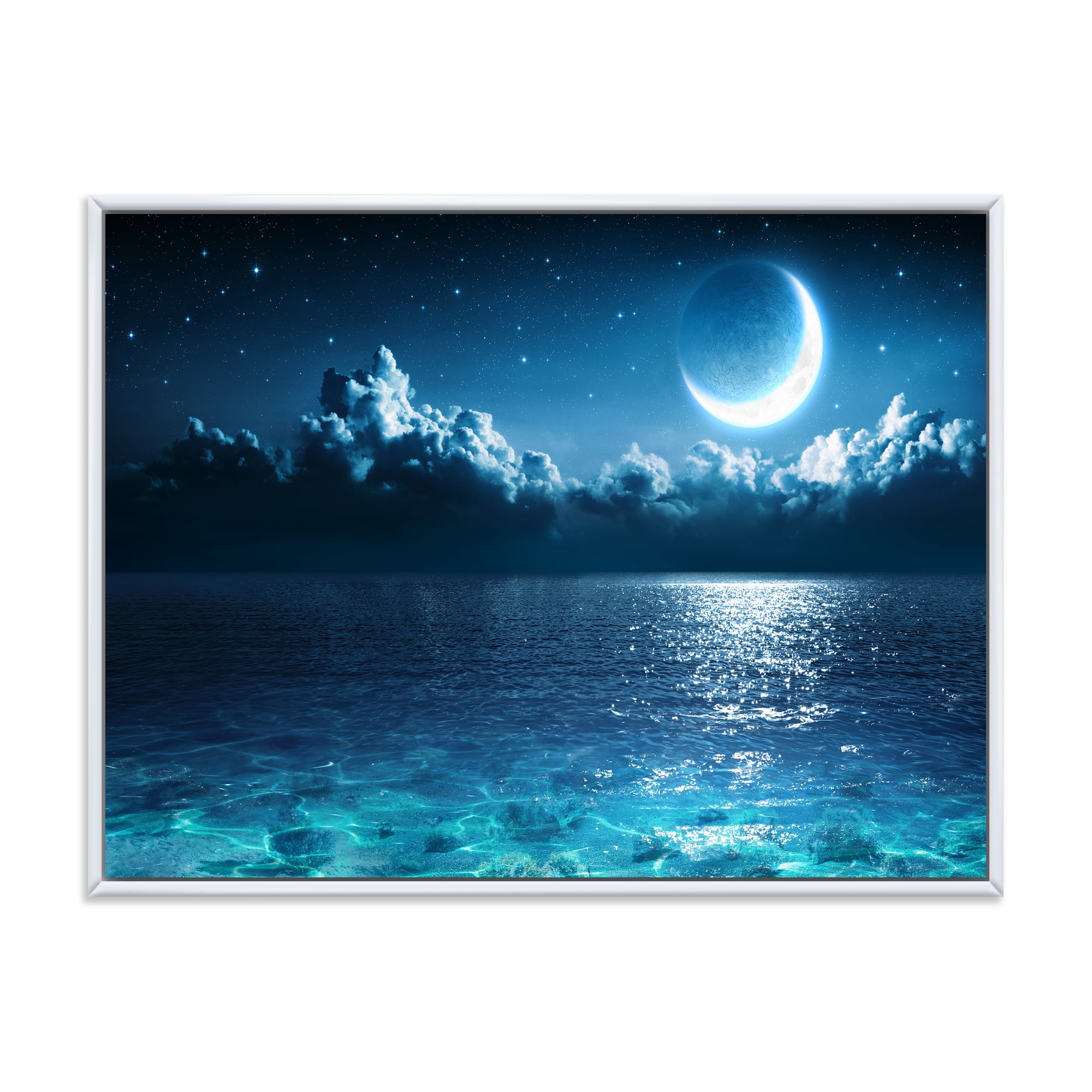 Designart 'Romantic Moon and Clouds Over Deep Blue Sea I' Nautical & Coastal Framed Canvas Wall Art Print
