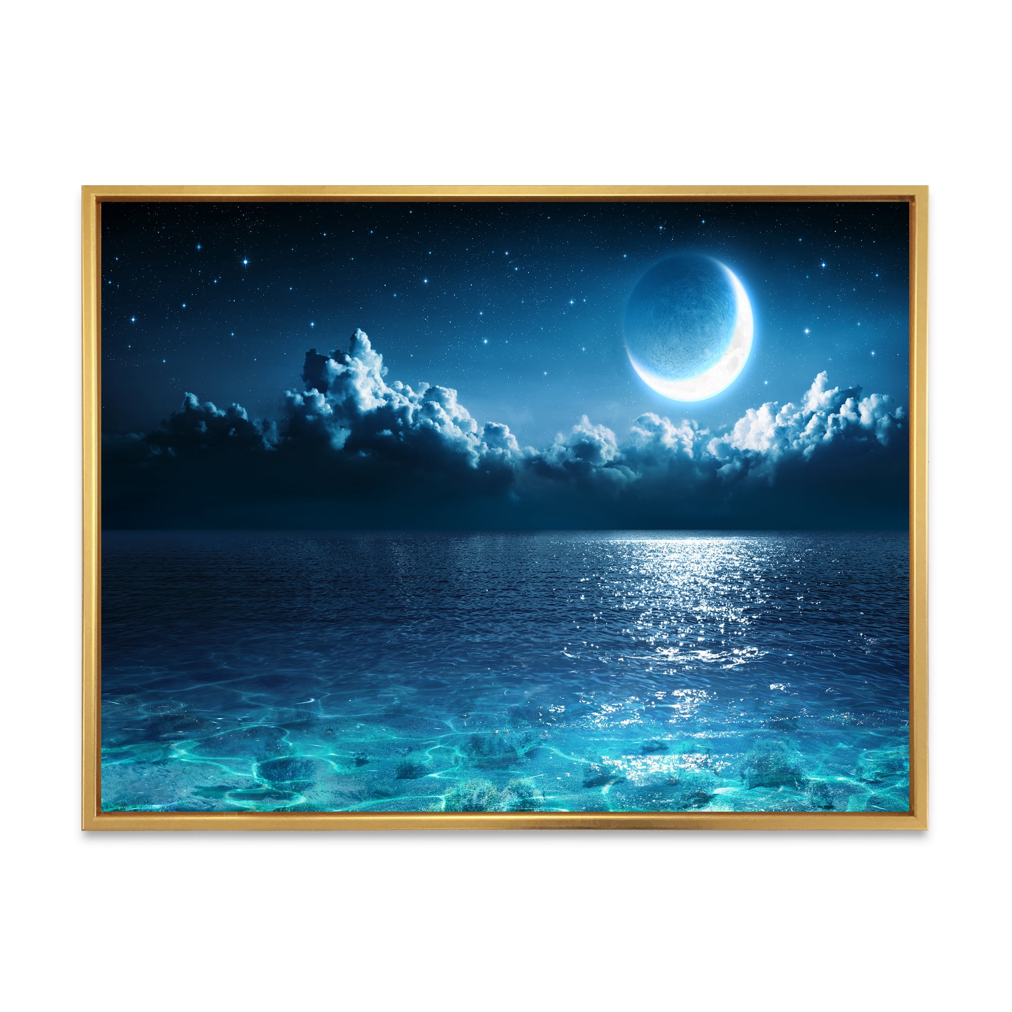 Designart 'Romantic Moon and Clouds Over Deep Blue Sea I' Nautical & Coastal Framed Canvas Wall Art Print