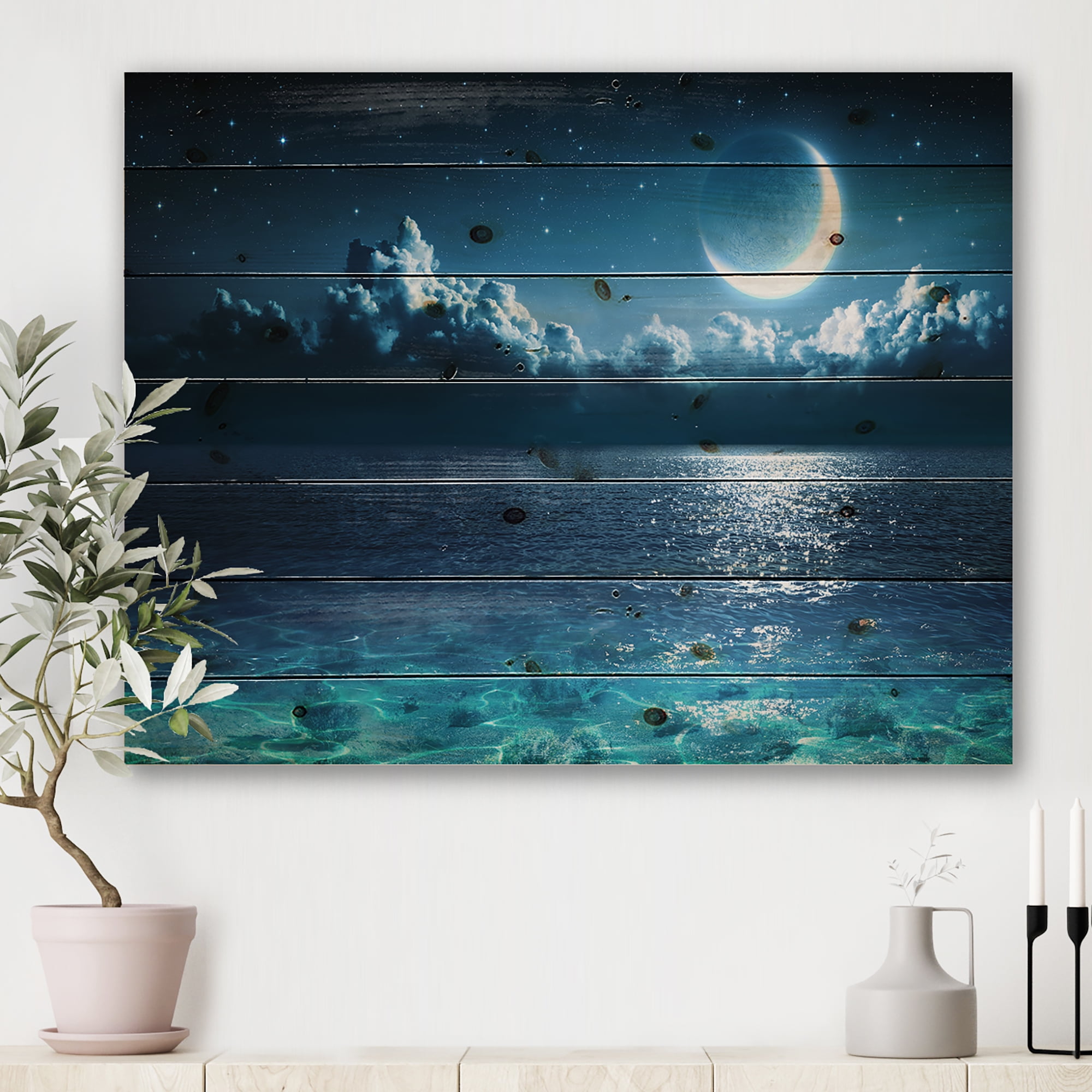 Designart 'Romantic Moon and Clouds Over Deep Blue Sea I' Nautical & Coastal Print on Natural Pine Wood