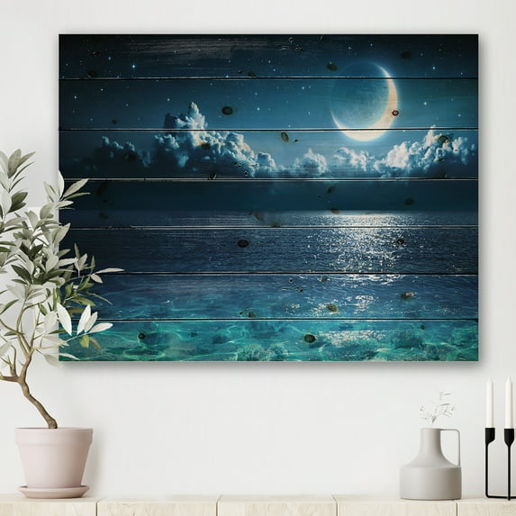 Designart 'Romantic Moon and Clouds Over Deep Blue Sea I' Nautical & Coastal Print on Natural Pine Wood