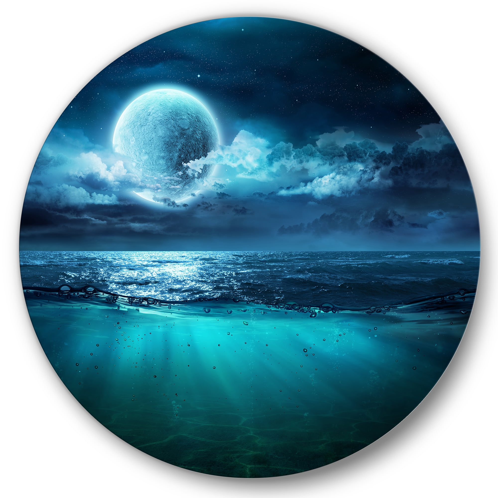 Designart 'Romantic Moon and Clouds Over Deep Blue Sea II' Nautical & Coastal Circle Metal Wall Art 29x29 - Disc of 29
